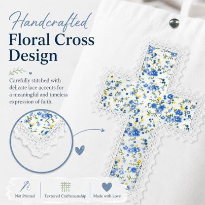 Christian Tote Bag Gift for Women, Canvas Bible Bag Handmade Floral Cross - color: White-forget Me Not