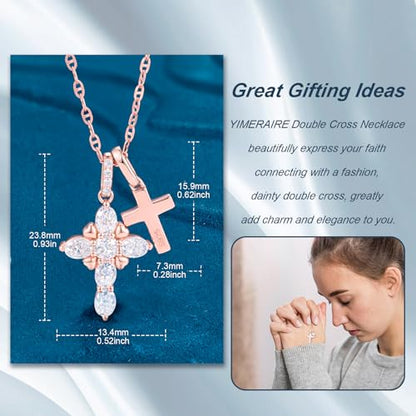 Moissanite Double Cross Necklace, Women Moissanite Diamond Cross Pendant - color: Rose Gold(Iced+Polished)