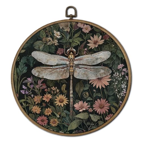 GTYNU Vintage Floral Dragonfly Round Wall Art Decor, Dark Cottagecore Botanical Canvas Prints Framed, Moody Wild Flower Insect Circle Wall Hanging Decorations for Home Bedroom Living Room, 10x10 Inch - color: Decor 06