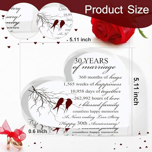 Qunclay 30th Years of Marriage Gift Wedding Anniversary Souvenir Heart Marriage Keepsake Decoration Present for Couple Parent Women Mom Husband Wife He She Friend Grandparents - style: 30th
