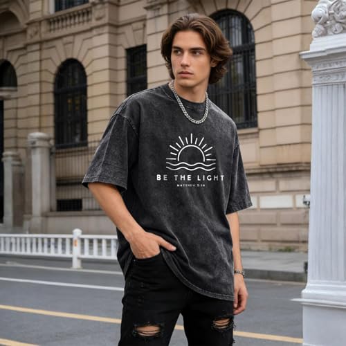 Christian Be The Light Shirts for Men Jesus God Faith Religious Bible Verse T Shirt Oversized Acid Wash Graphic Tees - color: Black, size: Small