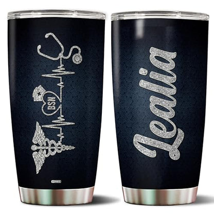 Personalized Nurse Tumbler Gifts for Women Heartbeat Stethoscope Nurses Travel Cup Coffee Mug Appreciation Gift for Nurse Insulated Stainless Steel 20oz With Lid - color: BSN