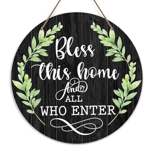 Welcome Door Sign, Greenery Wooden Round Decorative Wall Plaque, Bless This Home And All Who Enter, Christian Farmhouse Porch Yard Hanging Sign, 10 x 10 Inch, Wood