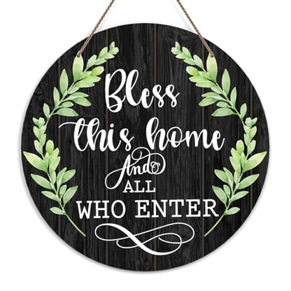 Welcome Door Sign, Greenery Wooden Round Decorative Wall Plaque, Bless This Home And All Who Enter, Christian Farmhouse Porch Yard Hanging Sign, 10 x 10 Inch, Wood
