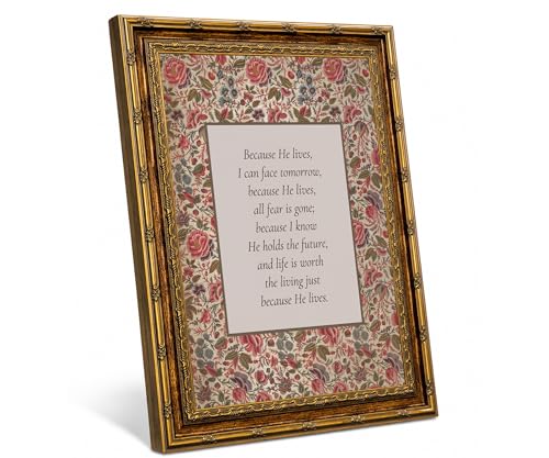 Vintage Gold Framed Christian Wall Art, Because He Lives Bible Verse Print - color: Red floral scripture, size: 8x10 Inches