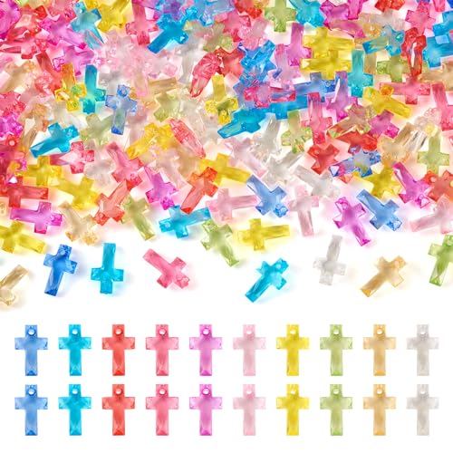 FASHEWELRY 300pcs Clear Acrylic Cross Beads Candy Color Cross Loose Beads Transparent Crosses Spacer Beads Easter Crucifix Loose Beads for Jewelry Making - color: Cross-10 Colors