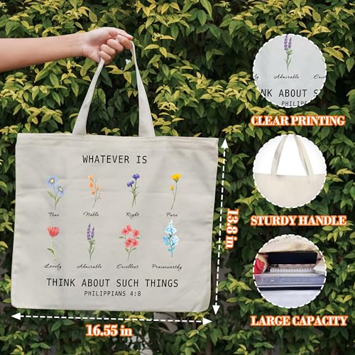 Christian Canvas Tote Bag for Women, Whatever Is Think About Such Things Bible Tote, Bible Verse Religious Gift Bag, Floral Library Book Bag, Inspirational Shoulder Bag Gifts for Women Friends -33