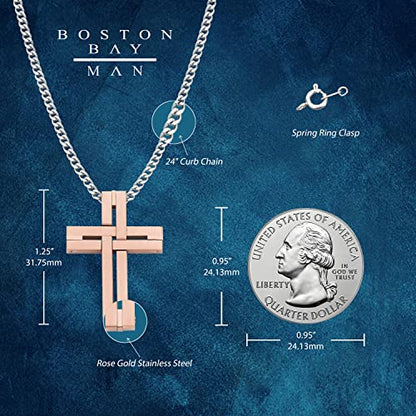 Men's Cross Pendant Necklace in 316L Stainless Steel Interlocking Woven Cross on 24” Curb Chain, Choice of Color - color: Rose Gold Stainless Steel