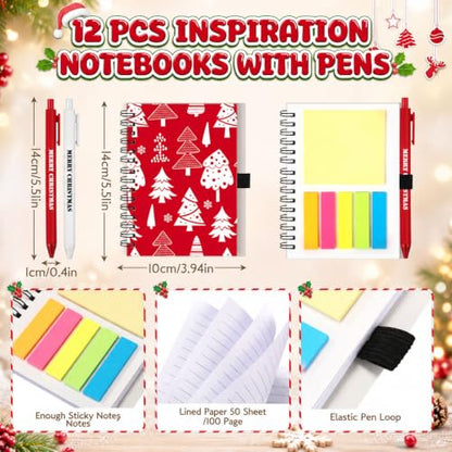 Skylety 12 Set Christmas Bulk 16 oz Red Glass Cups with Lids Straws Xmas Notebook Sticky Note Pens for Employee Appreciation Women Students School Office Holiday Party Favors - style: Red Christmas