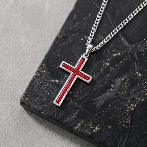 MRENITE Silver Natural Stone Cross Necklace, Classic Latin Cross Pendant Necklace for Unisex Women Man, Vintage Crystal Quartz Cross Necklace with 20+2 Inches Adjustable Cuban Chain - style: Red Opal