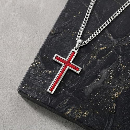 MRENITE Silver Natural Stone Cross Necklace, Classic Latin Cross Pendant Necklace for Unisex Women Man, Vintage Crystal Quartz Cross Necklace with 20+2 Inches Adjustable Cuban Chain - style: Red Opal