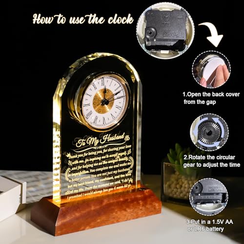 Arikyrist Glass Clock Gifts for Husband from Wife with Wooden Light Base - color: Husband