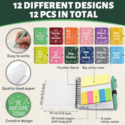 Sprial Notebooks with Pens Bulk, 24 Pack, 5.5 x 4.7 Inch, Colorful - color: Happy life [12 pcs]