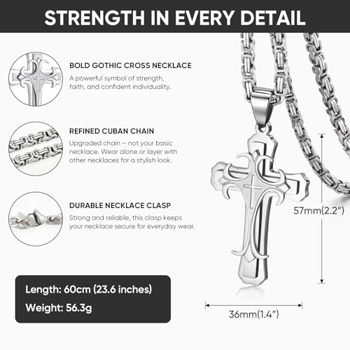 MEALGUET Stainless Steel Crucifix Cross Pendant Necklace,Men's Cross Necklace with Chunky Byzantine Chain/Rolo Chain, Gift for Men - style: Silver-byzantine chain