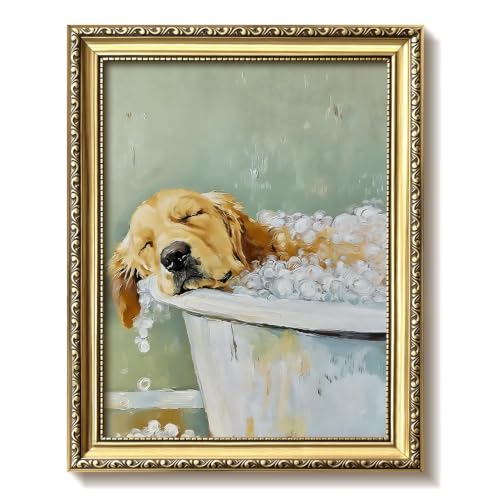 Vintage Gold Framed Funny Dog Bathroom Wall Art, Cute Golden Retriever Taking a Bubble Bath Canvas Print, Farmhouse Pet Wall Decor Painting Picture Poster for Restroom Guest Bath Home 12x16 Inch - color: A-Golden Retriever, size: 16.1"L x 12.2"W