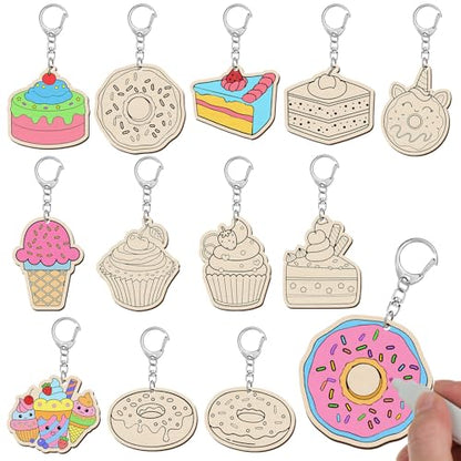 Trnayi 36 Pcs Dessert Unfinished Wood Keychain Color Your Own DIY Craft - style: Ice Cream