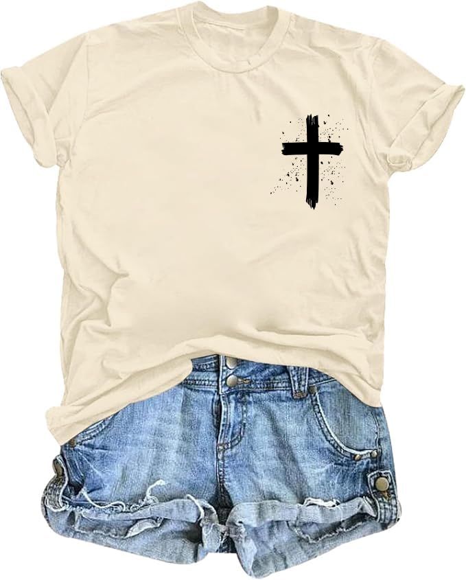 Christian Shirts for Women Religious Faith Shirt Jesus Cross Casual Tops - color: Apricot-a, size: Large