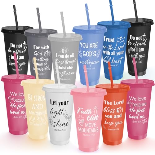 Cinrobiye 24 Pack Christian Tumblers with Lids and Straws, 24 oz Bible Verse Cups Bulk, Reusable Plastic Cups with Scripture, Religious Gifts Bulk for Church Events, Baptism, Bible Faith Celebrations - color: Morandi2