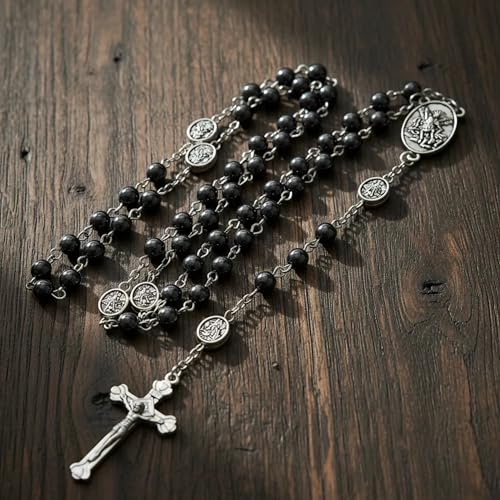 Nazareth Store St Michael Rosary Hematite Stone Beads Necklace Metal Beaded Glory Beads Archangel Medal & Cross with Metal Gift Box - color: Silver | Jesus Cross
