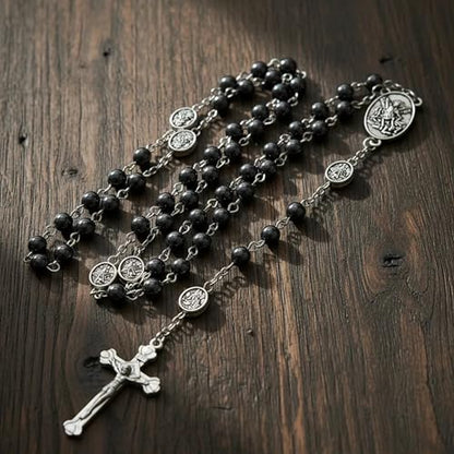 Nazareth Store St Michael Rosary Hematite Stone Beads Necklace Metal Beaded Glory Beads Archangel Medal & Cross with Metal Gift Box - color: Silver | Jesus Cross