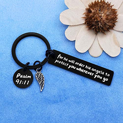 Dabihu Christian Gift Keychain Religious Gift Bible Verse Keyring Baptism Christmas Easter Birthday First Communion Gift - color: For He Will Order His to Protect You Wherever You Go Black Keychain