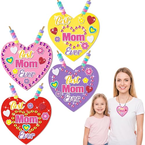 BeYumi Mom Necklace Craft Kit - 24Pcs Mother's Day DIY Foam Heart Best Mom Ever Necklace Making Kit With Gem Sticker DIY Thank You Craft for Kid Home School Classroom Family Party Favor Fun Activities - style: Best Mom Ever