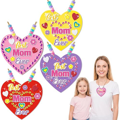 BeYumi Mom Necklace Craft Kit - 24Pcs Mother's Day DIY Foam Heart Best Mom Ever Necklace Making Kit With Gem Sticker DIY Thank You Craft for Kid Home School Classroom Family Party Favor Fun Activities - style: Best Mom Ever