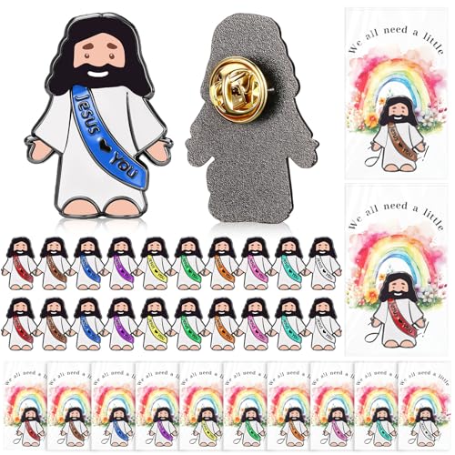 Landical 24 Set Jesus Pins Bulk with Blessing Cards, Christian Enamel Lapel Pin Gift in Bulk Jesus Brooch for Women Men Religious Party Favors for Sunday School Church Gift(10 Colors + Rainbow Style) - style: 10 Colors + Rainbow Style