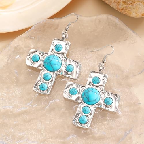 Chunky Gold Silver Cross Drop Dangle Earrings for Women Statement Western - color: Silver-Turquoise