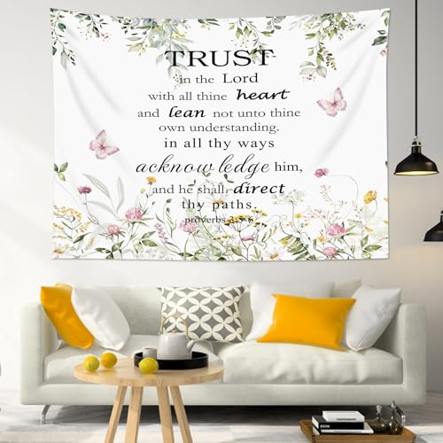 EOBTAIN Bible Verse Plant Tapestry Pink Floral Butterfly and Green Leaf Christian Tapestry Wall Hanging Summer Wildflower Botanical Wall Art for Bedroom Living Room Dorm Room Decor,59x51 Inch - color: Pink Green, size: 51"L x 59"W