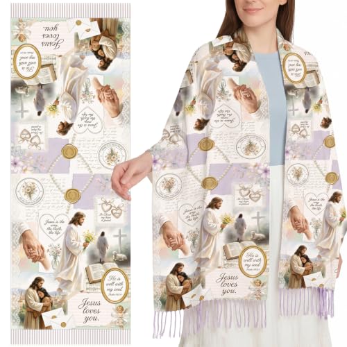 The Virgin Mary Bible Verse Shawls for Women, Catholic Christian Blanket Scarf Gifts or Mom Teacher Christmas - color: Cream