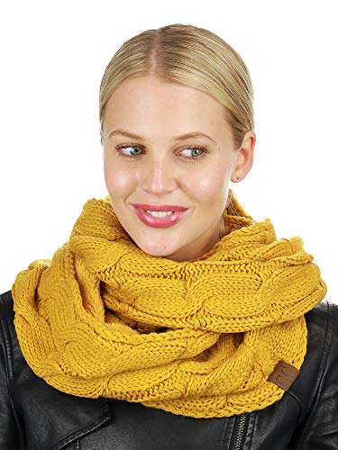 C.C Women's Winter Cable Knit Sherpa Lined Warm Infinity Pullover Scarf - color: Mustard