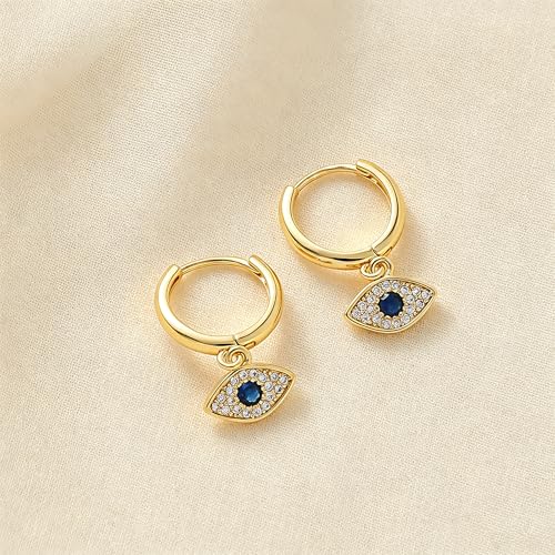 Dangle Earrings for Women, Dainty Huggie Hoop Dangle Earrings - color: Evil Eye 01 Dangle Gold