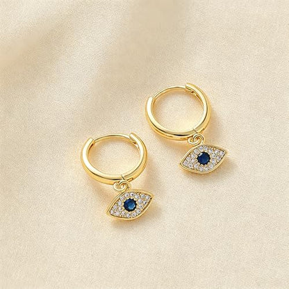 Dangle Earrings for Women, Dainty Huggie Hoop Dangle Earrings - color: Evil Eye 01 Dangle Gold