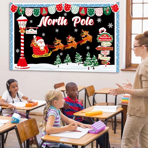 Christmas Bulletin Board Decoration Set North Pole Sign Classroom Decorations Santa Reindeer Xmas Elk Snowflakes Paper Cutouts for Winter Holiday Party School Classroom Home Chalkboard Wall Decor - style: Christmas