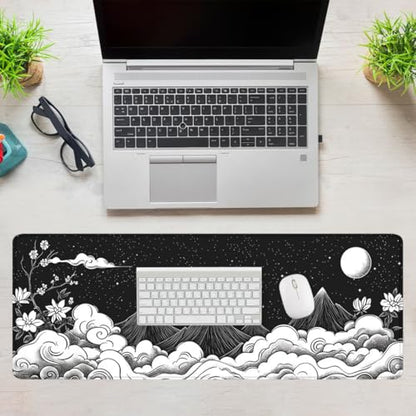 Moon Mountain Gaming Mouse Pad Black White Landscape Zen Mountain Mousepad Extended Large Laptop Keyboard Non-Slip Rubber Base with Stitched Edges 31.5x11.8 Inch - color: Moon Mountain, size: 31.5" x 11.8"