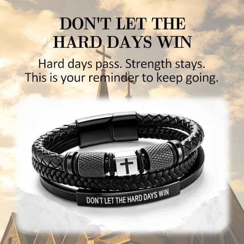 Leather Cross Bracelet for Men, Inspirational Christian Bracelet - color: DON'T LET THE HARD DAYS WIN