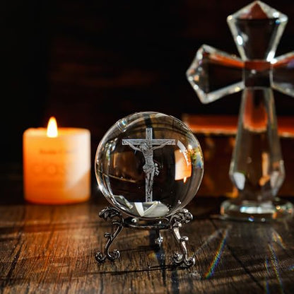 2.3in Jesus Crystal Ball with Stand 3D Cross Gift for Christian Catholic - style: Cross Jesus