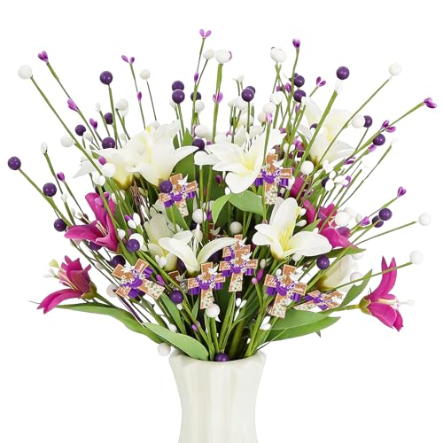 Easter Decorations Table Centerpiece, 5PCS 17.3 Inch Religious Christian He Is Risen Easter Artificial Flowers Berry Stem Picks Decor for Home Farmhouse Office Spring Wreath Vase Filler Arrangement