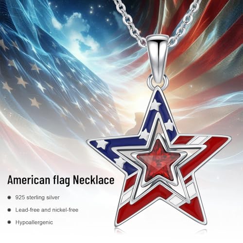 American Flag/Eagle/Star Necklace for Women 925 Sterling Silver Silver/Gold/Black American Flag Pendant 4th of July Jewelry for Wife Sister Girlfriend - color: White-3