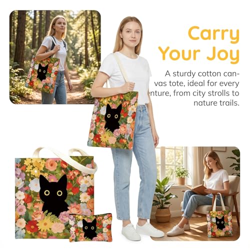 DHQH Birthday Gifts for Cat Lovers for Women, Cat Lover Gifts Beach Bag Reusable Grocery Bag, Thank You Gift for Sisters Daughter Mom Wife Who Loves Cats - style: Black Cat- Bag