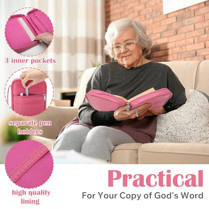 Small Bible Cover Case for Women and Men, 9x6 PU Leather Bible Sleeve, Compact Travel Bible Carrier Bag with Front Pen Holders, Zipper Closure, Inner Pockets - Hot Pink - color: Hot Pink, size: 9''x6.5''