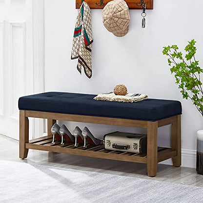 24KF Large Rectangular Upholstered Tufted Linen Fabric Ottoman Bench, Padded Bench with Solid Wood Shelf-Navy Blue - color: Navy Blue-bench, size: 15.8"D x 44"W x 18"H