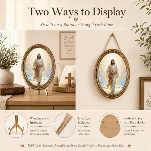 Vintage Christian Wall Decor, Jesus Walking on Water Wood Sign, 11.2 Inch
