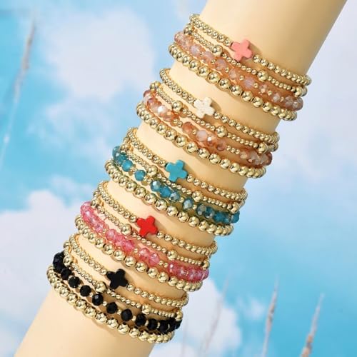 Colorful Cross Charm Bracelets for Women Men Adjustable Gold Plated Beaded Bracelet Boho Bead Ball Stretch Bracelet Birthday Summer Beach Jewelry - color: Pink B