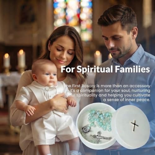 Baptism Gifts for Boys – Blue Rosary with Ceramic Keepsake Box and Card, Blue - color: Light Blue