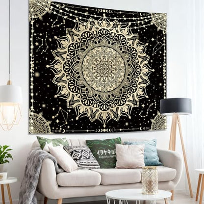 Apdidl Boho Mandala Tapestry for Bedroom, Black Hippie Ceiling Tapestries - color: Black Gold Mandala Tapestry, size: 79"L x 60"W