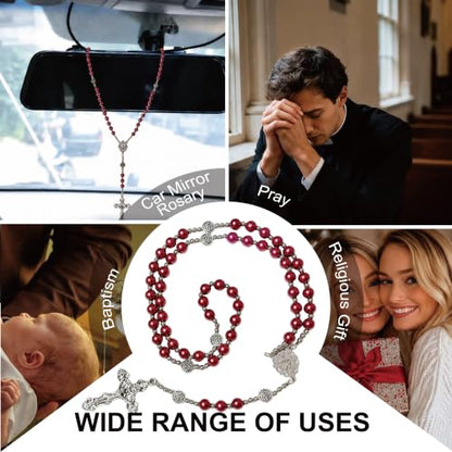 8mm Glass Pearl Rosary - Catholic Necklace for Men and Women Comes in a Metal Gift Box, First Communion Rosary Necklace as Gifts - color: Red