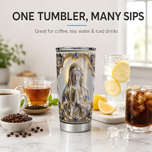 Virgin Mary Ornate Jewel Art 20oz Tumbler, Virgin Mary Tumbler for Daily Drinkware, White Gold Prayer Statue Illustration, Catholic Devotional Cup, Religious Design for Women Men - color: Virgin Mary 2