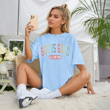 Christian Shirts for Women Oversized God is Good Shirt Religious Jesus Faith Inspirational Tshirt Bible Verse Tee Top - color: Light Blue, size: Large
